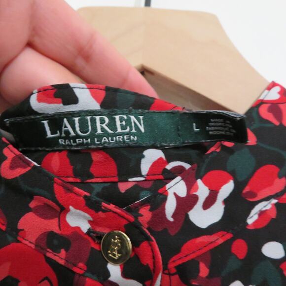 Lauren Ralph Lauren Women Sz L Red Black Floral Ruffle Long Sleeve Button Down - Picture 7 of 9
